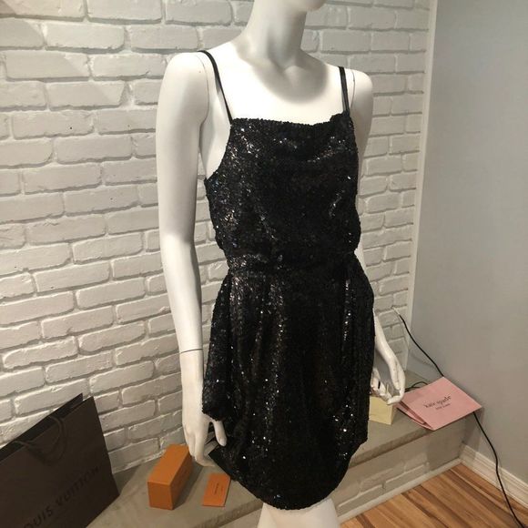 PEACOCK COLOR DISTRESSED SEQUIN ASYMETRICAL COCKTAIL GATHERED MINI DRAPED NECK - Picture 2 of 12